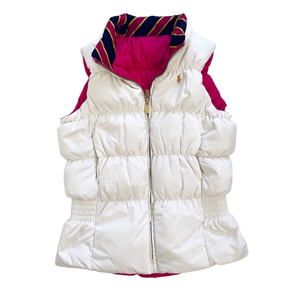 Ralph Lauren PoloGirls Cream & Pink Reversible Down Puffer Vest 🐎